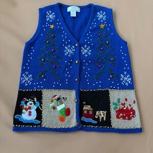 Lisa International Blue‎ Christmas Sweater Vest Snowman Reindeer Small Holiday